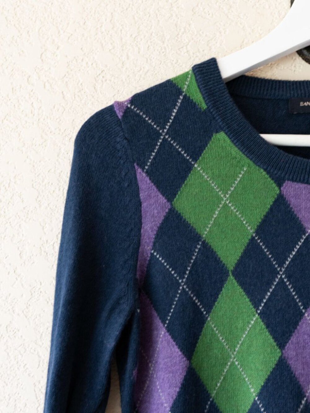 Banana Republic Argyle Sweater XS Navy Blue Angora Rabbit Blend 3/4Sleeve Preppy - Picture 4 of 14